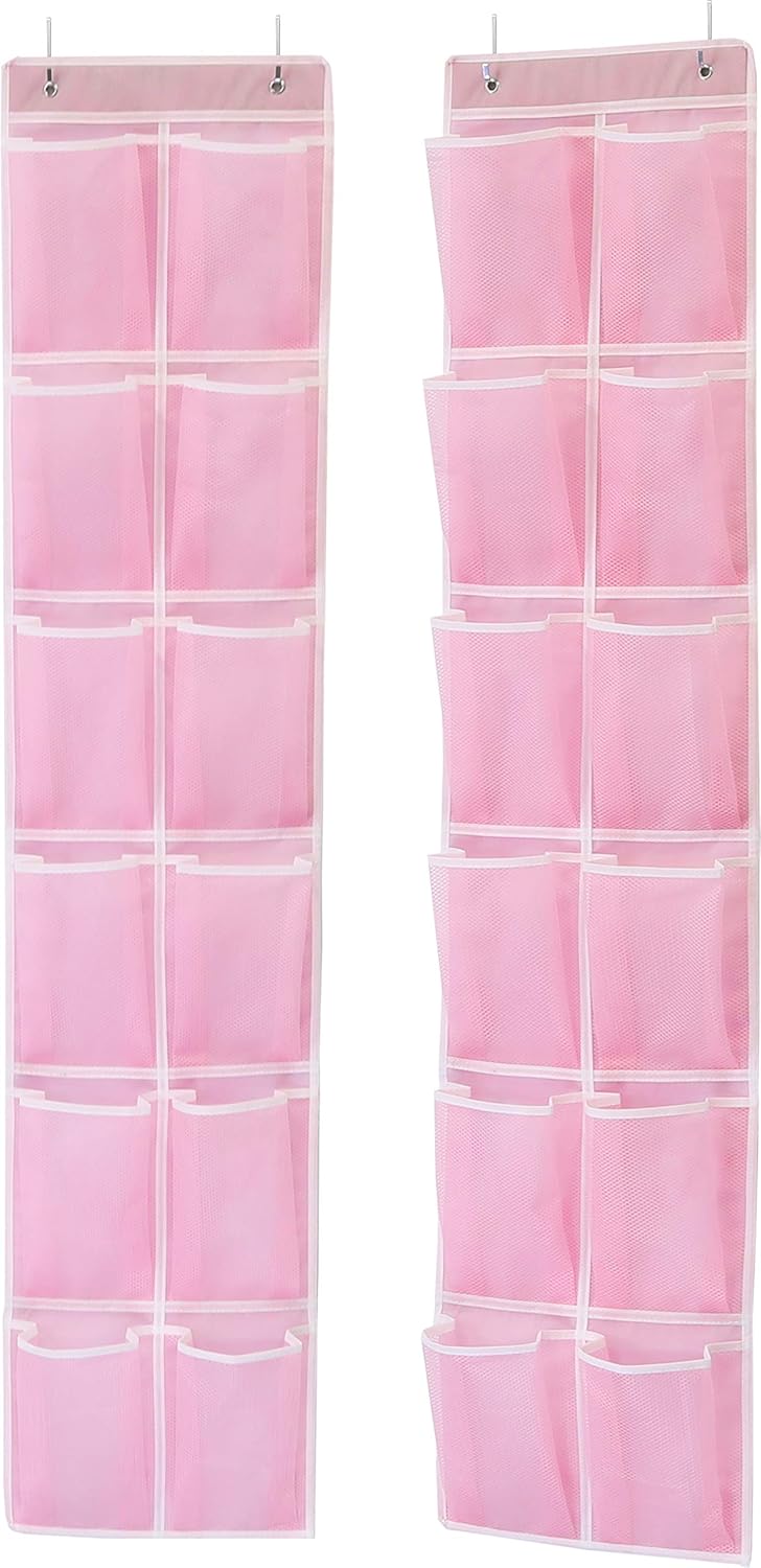 Simple Houseware 24 Pockets - 2PK 12 Large Pockets Over Door Hanging Shoe Organizer, Pink (58'' x 12.5'')