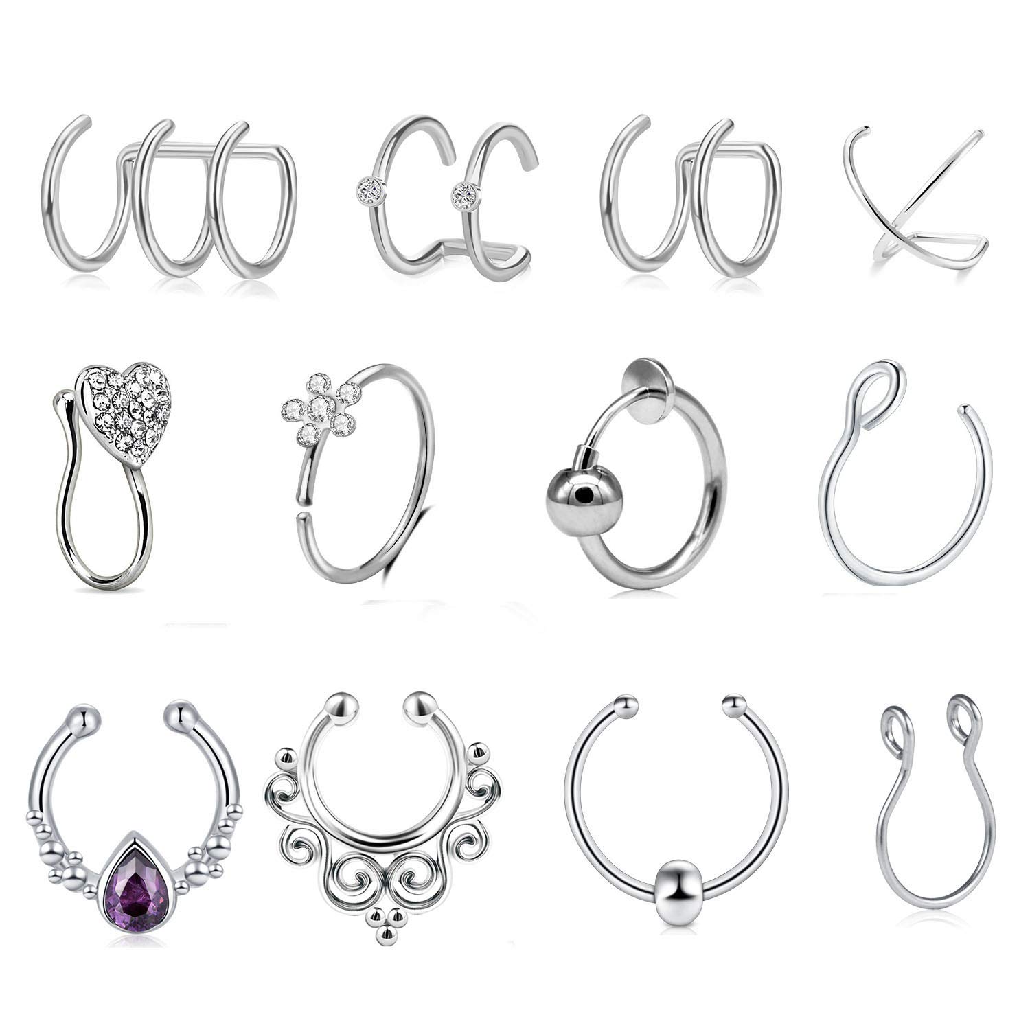 Mayhoop 12pcs Fake Piercing Jewelry Set - Clip-on Silver Stainless Steel