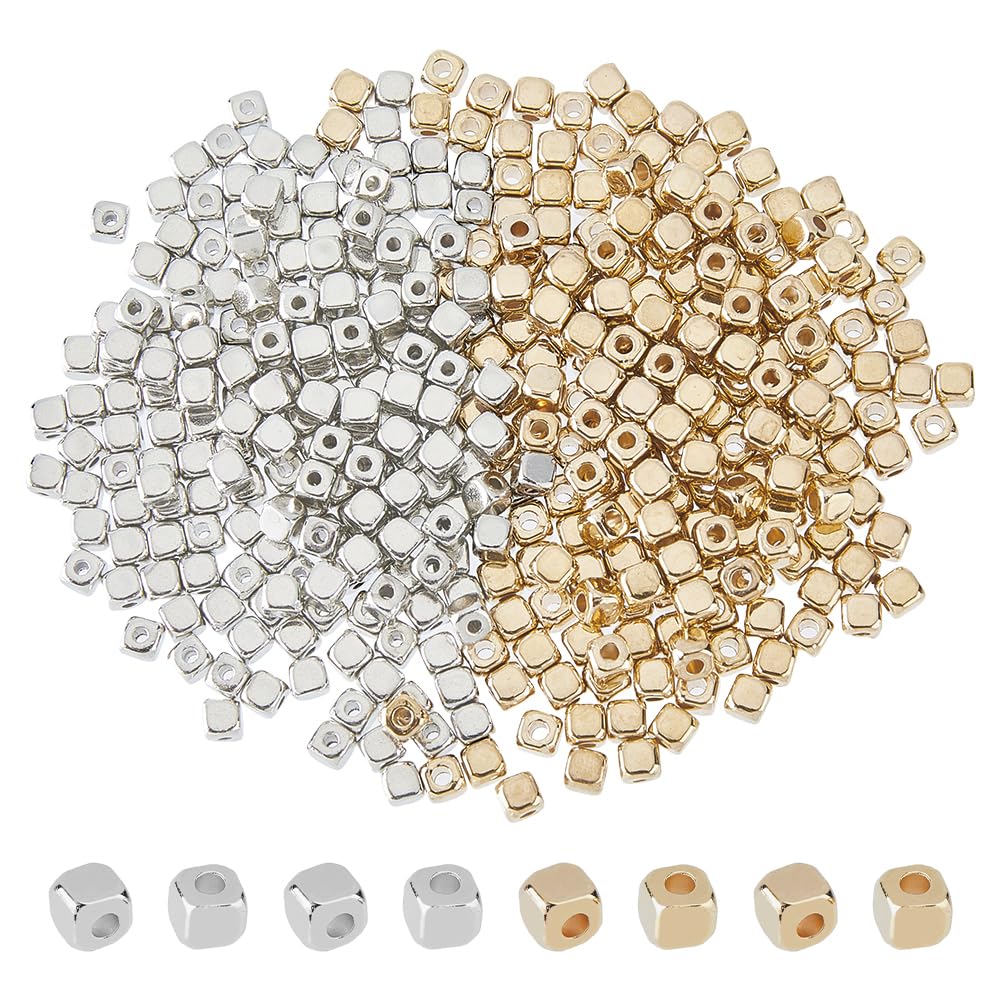 Hobbspring 400Pcs Gold and Silver Spacers Beads 2 Colors Bulk Tiny Square Beads 4mm Small Cube CCB Plastic Bead for Jewelry Necklace Bracelets Earrings Making DIY Crafts