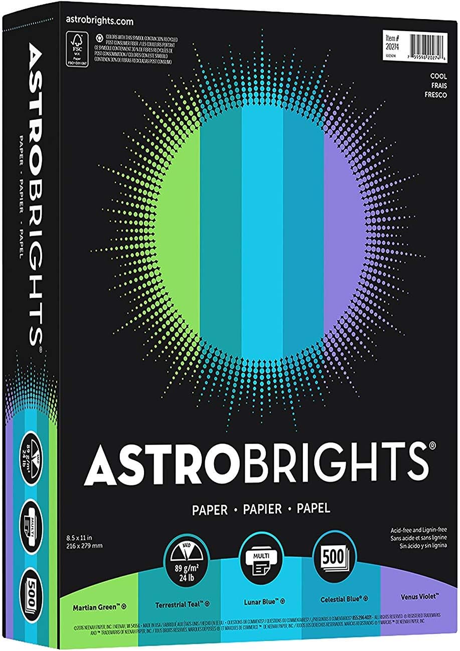 Astrobrights Color Paper, 8.5" x 11", 24 lb/ 89 gsm, "Cool" 5-Color Assortment, 500 Sheets(20274) : Printer And Copier Paper : Office Products