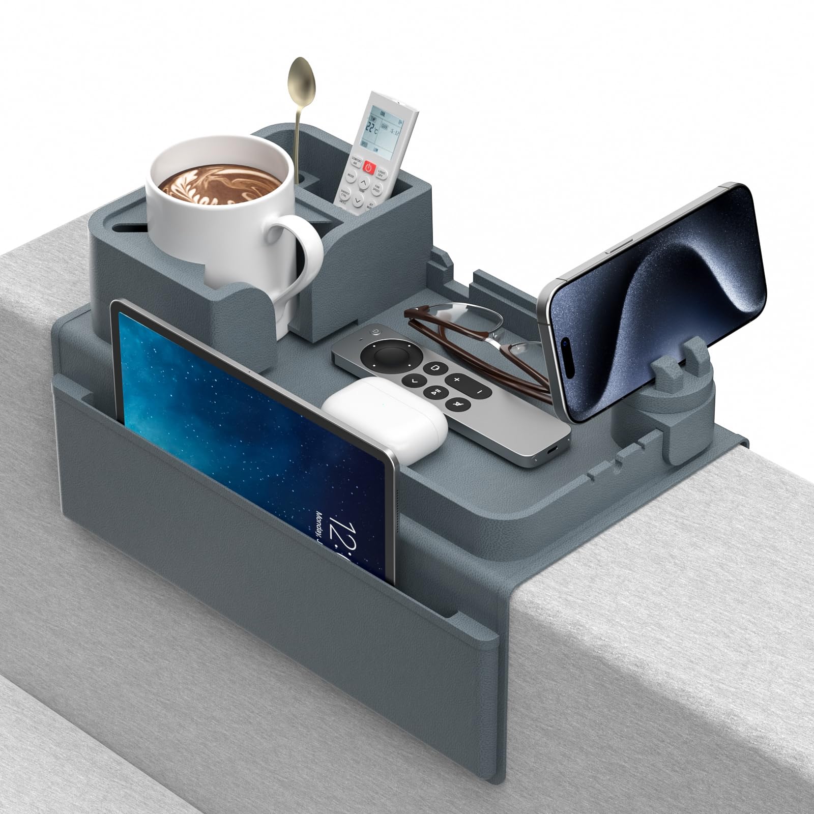 Photo 1 of Couch Arm Cup Holder CLESOO Couch Arm Tray Anti-Slip Couch Cup Holder Silicone Sofa Armrest Tray Dual Side Pocket Couch Drink Holder Sofa Caddy Arm Remote Holder Snack Caddy with Phone Holder Blue