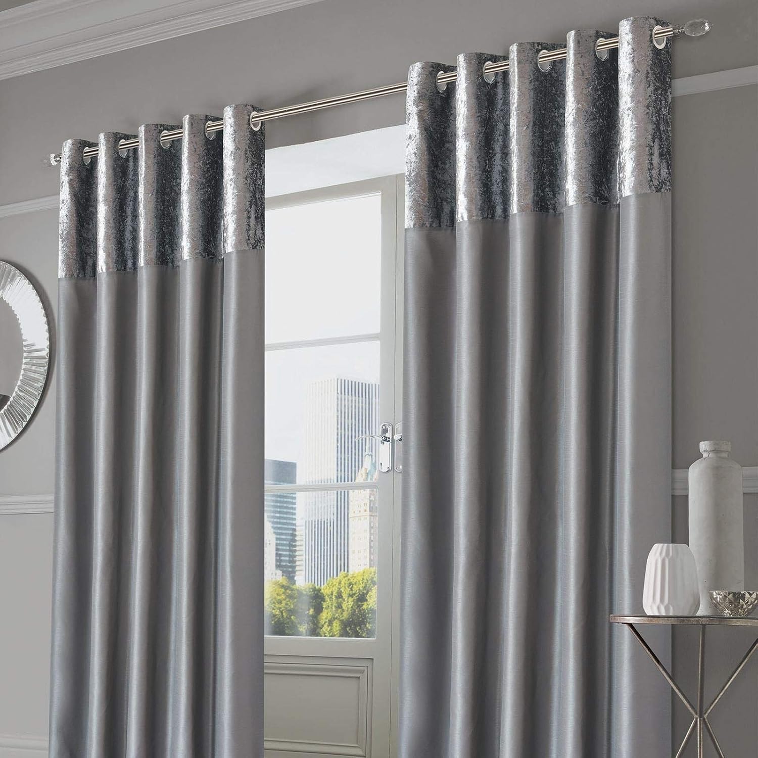 Sienna PAIR of Crushed Velvet Band Curtains Fully Lined Eyelet Ring Top Faux Silk Window Treatment Panels, Silver Grey