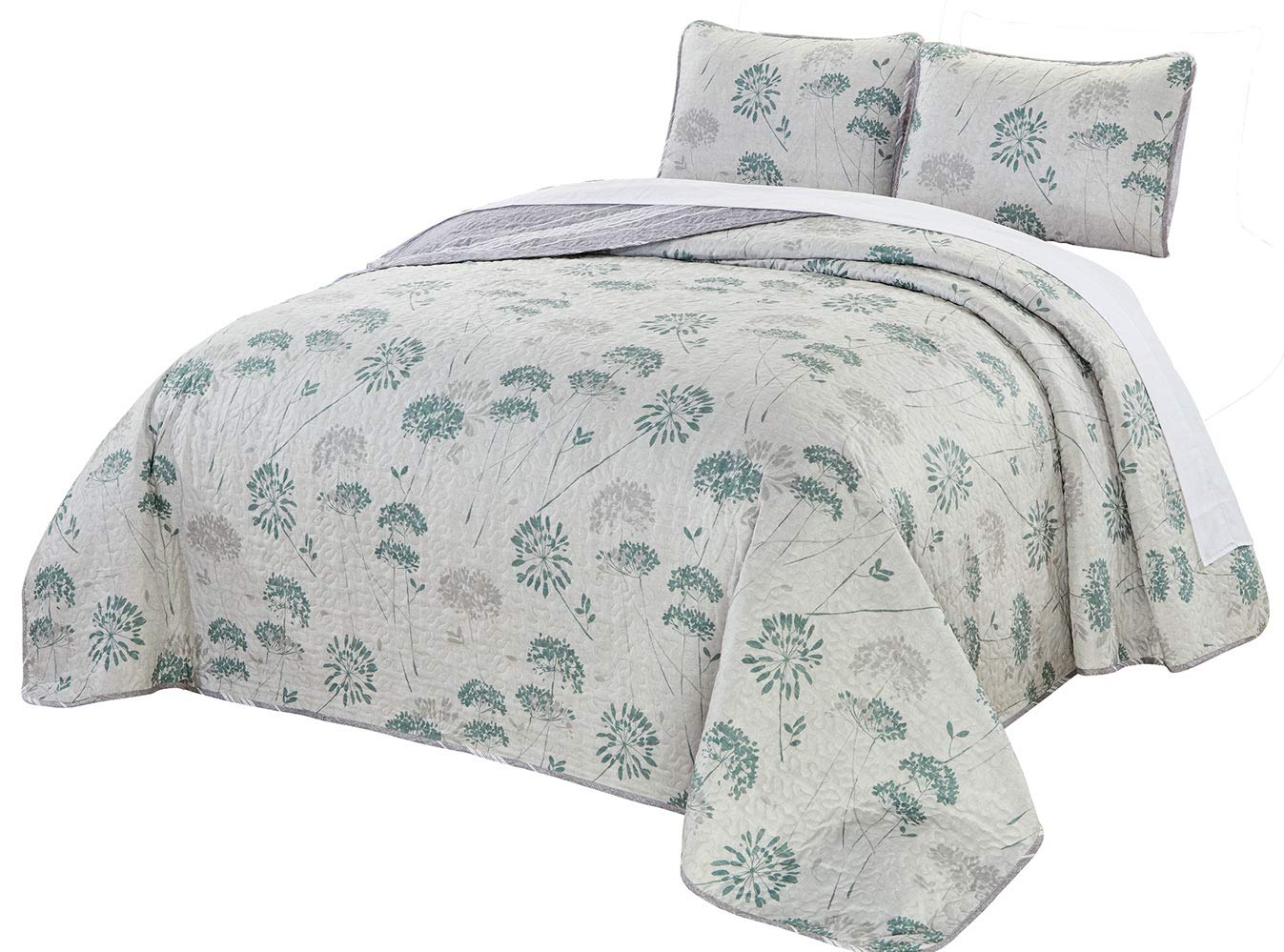 GrandLinen - 3-Piece Fine Printed Oversize (115 X 95) Quilt Set Reversible Bedspread Coverlet King Size Bed Cover (Grey, Teal, Green, Dandelion)