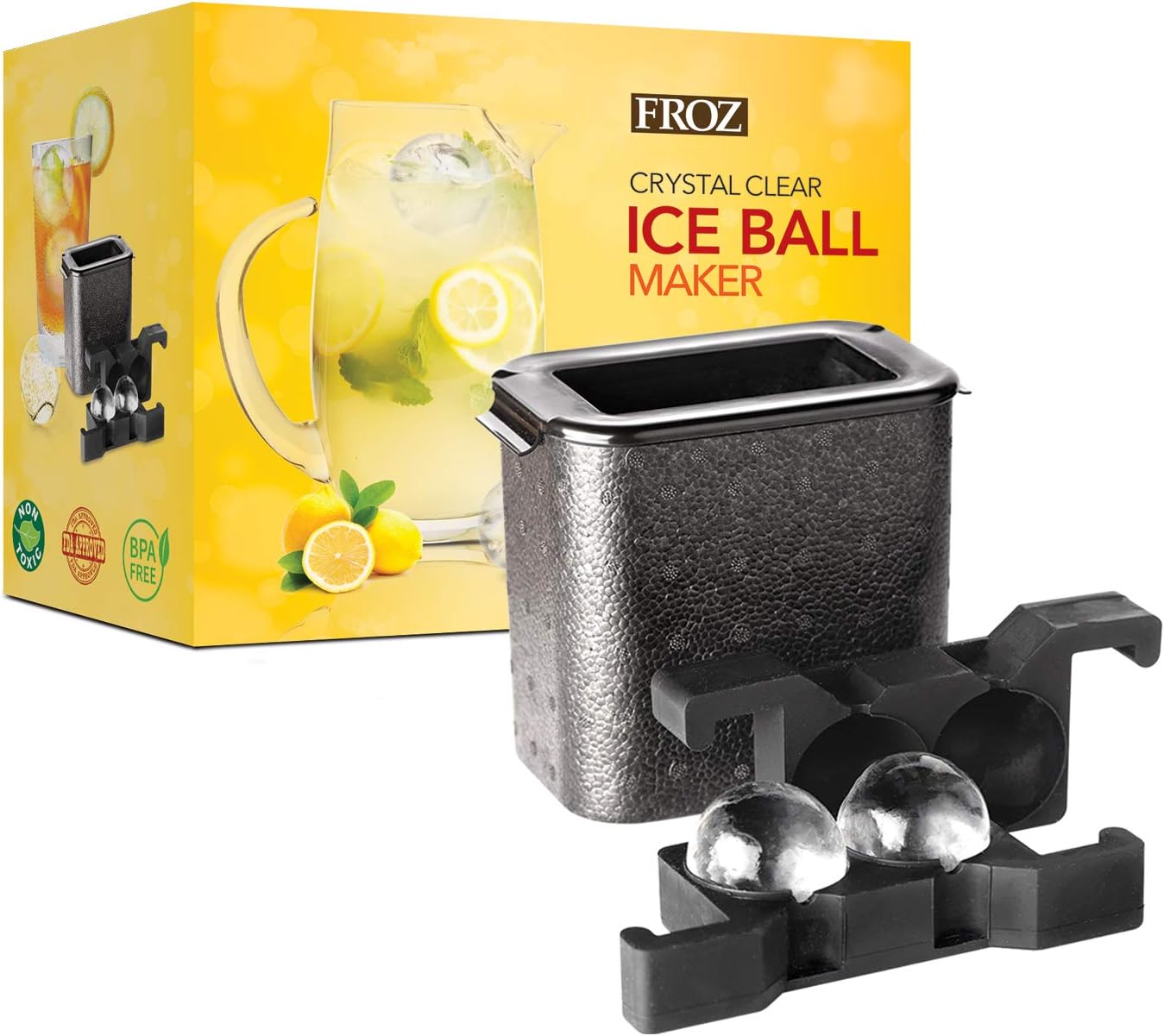FROZ Crystal-Clear Ice Ball Maker - 2 Cavity Sphere Ice Mold Makes Two Large 2.35" Clear Ice Balls
