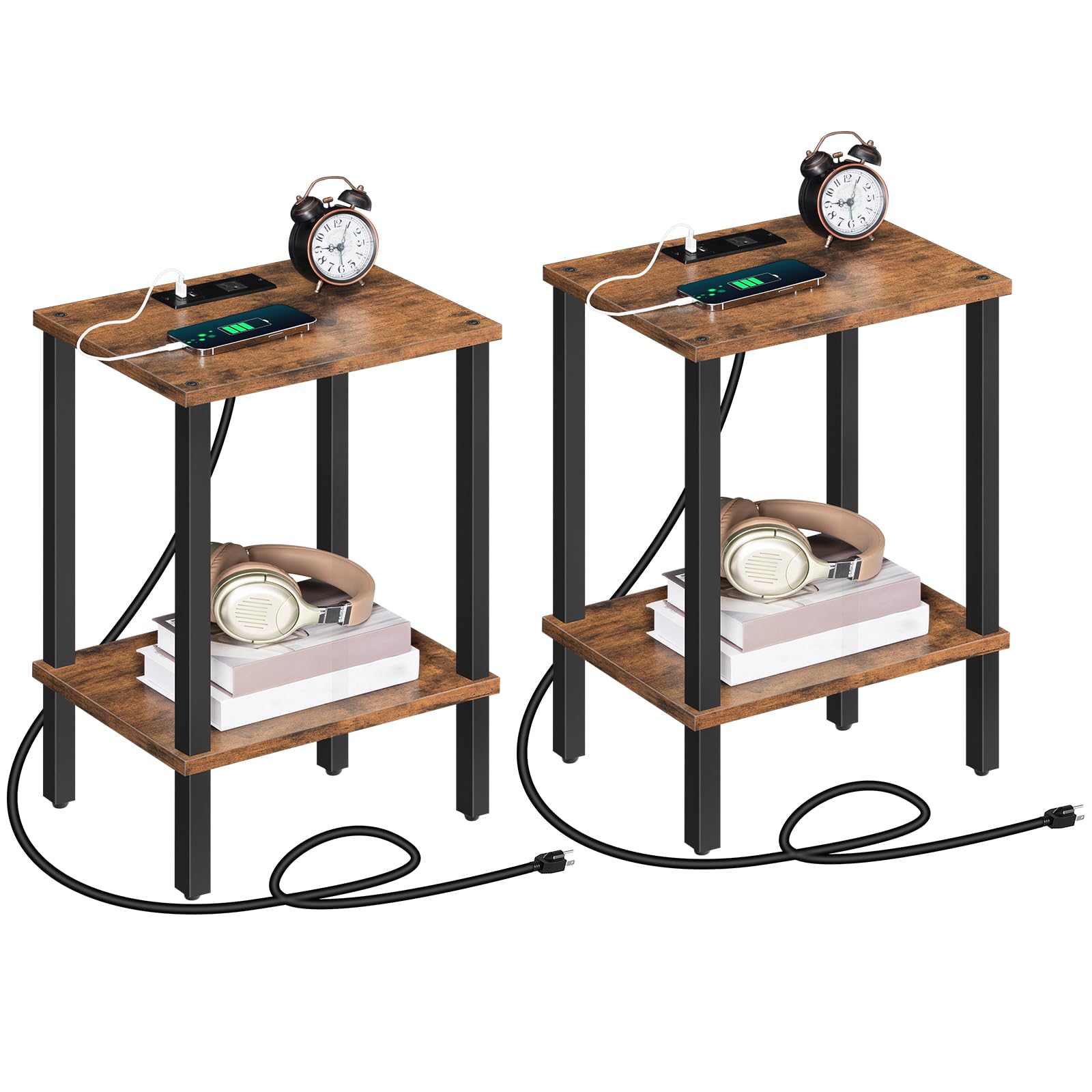 Photo 1 of MAHANCRIS Side Table Set of 2, End Table with Charging Station, Nightstand with USB Ports and Outlet, Wooden Bedside Table for Small Space,Living Room, Bedroom, Easy Assembly, Rustic Brown ETHR79E01S2