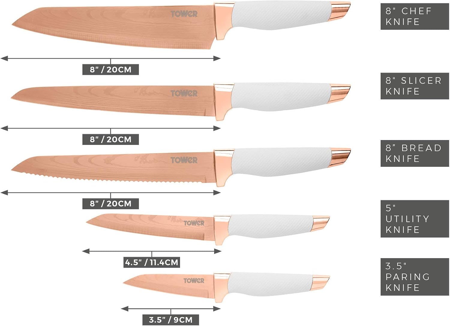 Tower Damascus Effect 5 Piece Kitchen Knife Set including Stainless Steel Blades and Acrylic Stand, Rose Gold and White, T81532RW - Image 4