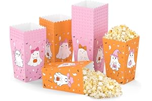 K KUMEED 24 PCS Halloween Popcorn Favor Boxes,Cute Ghost Popcorn Bowls Popcorn Buckets Candy Bags Boo Theme Cookie Container for Kids Halloween Party Supplies (Pink&Orange)