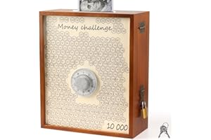 Mczxon 10000 Money Saving Box with Lock, Large Wooden 10k Savings Challenge Box $10,000 Reusable Coin Money Challenge Cash Pi