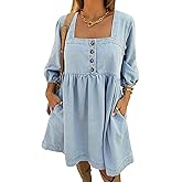 Skirt BL Denim Dress for Women Square Neck Jean Dress 3/4 Sleeve Babydoll Tiered Summer Dresses with Pockets 2025