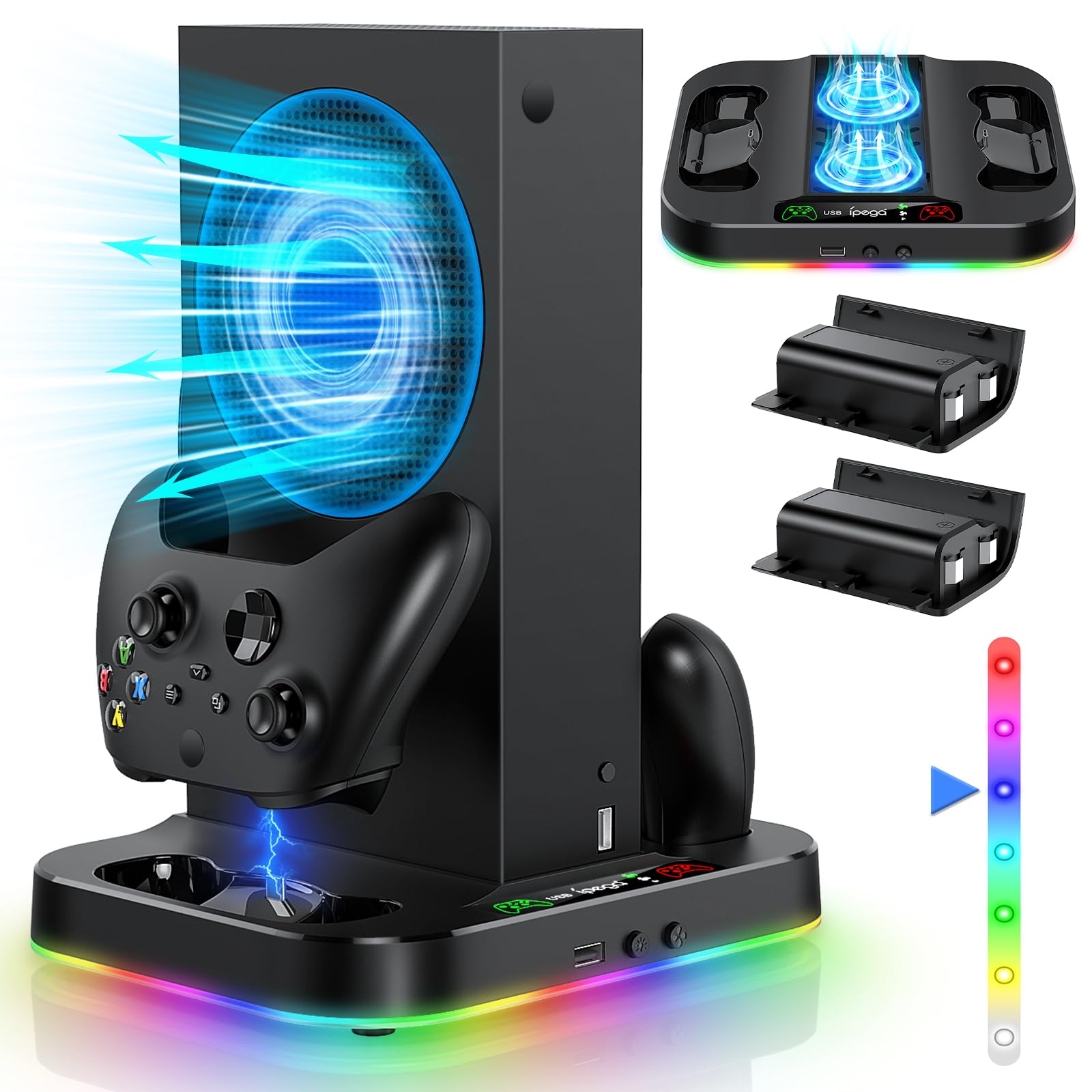Cooling Fan Stand & RGB Light Strip for Xbox Series S,Dual Charger Station with 2X1400mAH Rechargeable Battery Pack,Charging Dock Accessories for XSS with 15 RGB Light Modes,USB2.0 Port for Sync,Black