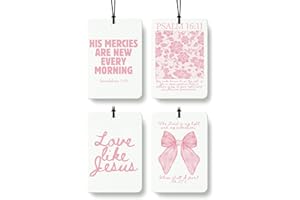 FISWAFY Pink Christian Car Air Freshener 4 Pcs, Girly Pink Bow Floral Religious Hanging Air Freshener for Cars Closet Drawer Books, Cute Preppy Christian Car Accessories Mirror Decor for Women