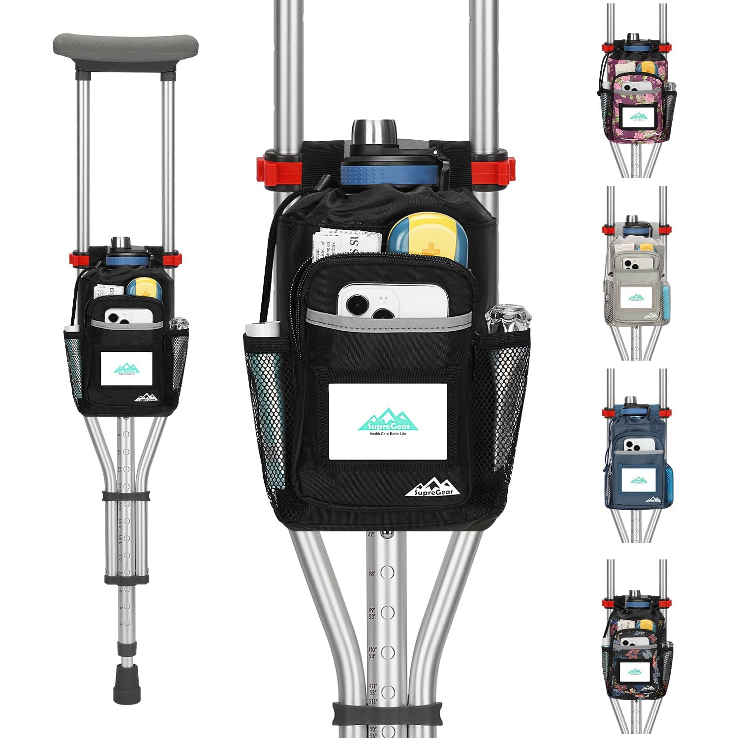 supregear Crutch Accessories Bag, Water-Resistant Storage Pouch with Cup Holder and Multiple Pockets, Large Capacity Organizer for Underarm Crutches, Black