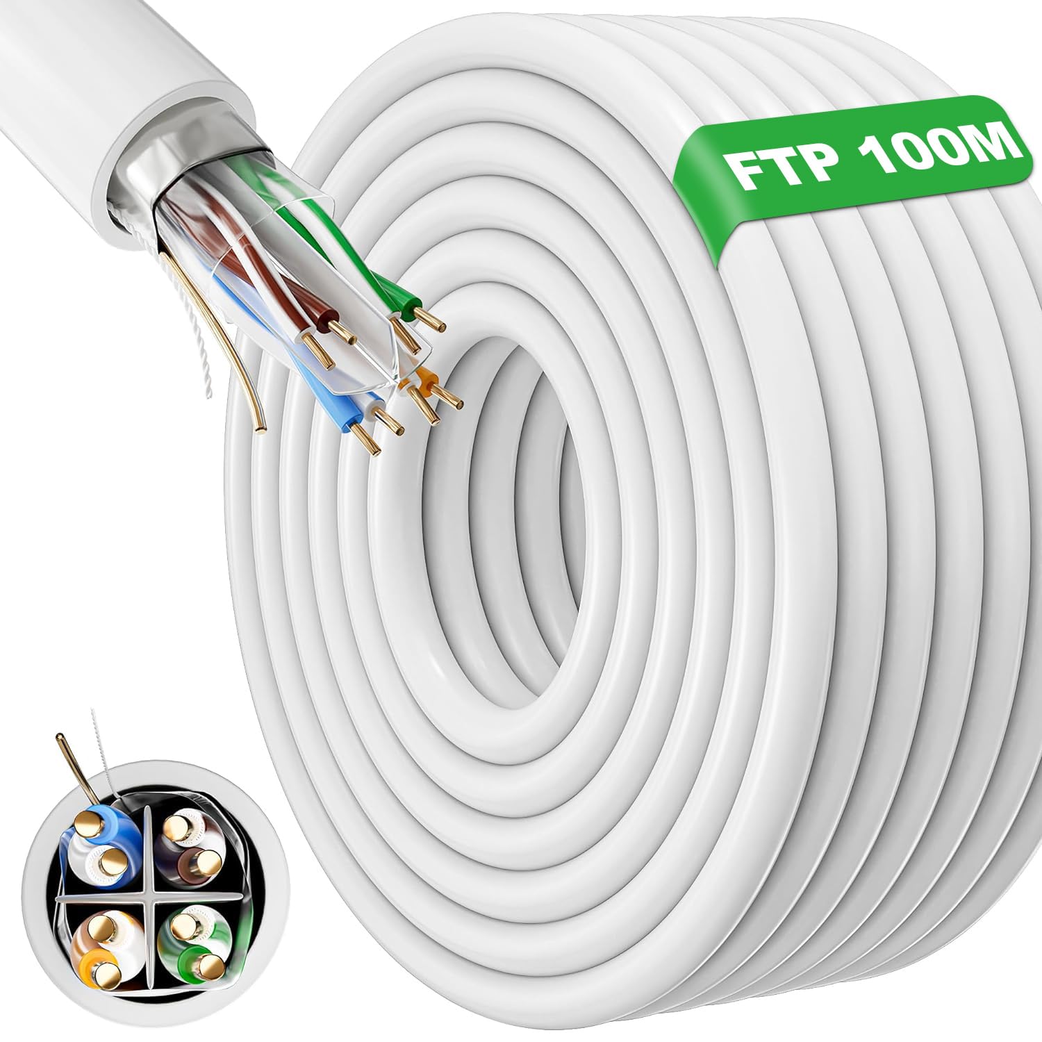 Ethernet Cable 100m Outdoor, Cat 6 Internet Cable 100m FTP Shielded Netwerk Cable High Speed, Bulk LAN Cable Cat 6 100m, 23AWG Gigabit RJ45 Cable Waterproof Anti-Jamming 100 Meters White Patch Cable