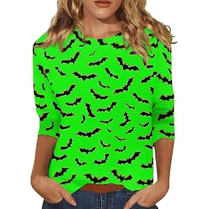 Halloween Shirts for Women Casual Crew Neck 3/4 Sleeve Pullover Blouses Novelty Pumpkins Print Graphic Tees