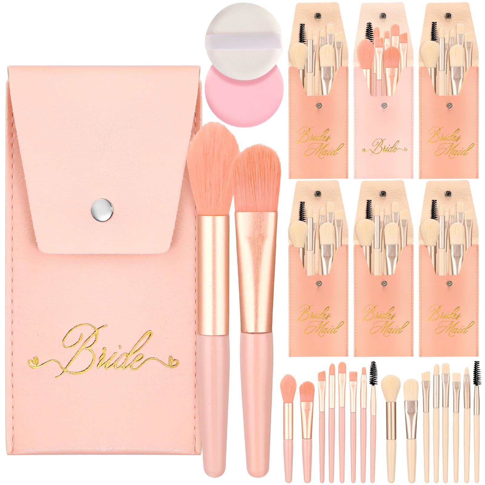 Photo 1 of *Two bride holders, only 5 brush sets* FillTouch 6 Sets 48 Pcs Wedding Makeup Brushes for Bride Bridesmaids Gifts Makeup Brush Set with 6 Brushes Bag 6 Powder Puff Portable Foundation Brush for Bridal Shower Bachelorette Party