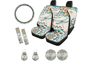 Suobstales Boho Dragonfly Flower Print Car Accessories for Women Men Seat Covers for Car, Trucks, SUV Full Set Interior Cover Seat Protectors with Steering Wheel Cover,Seat Belt Pads,Coaster,Keychains