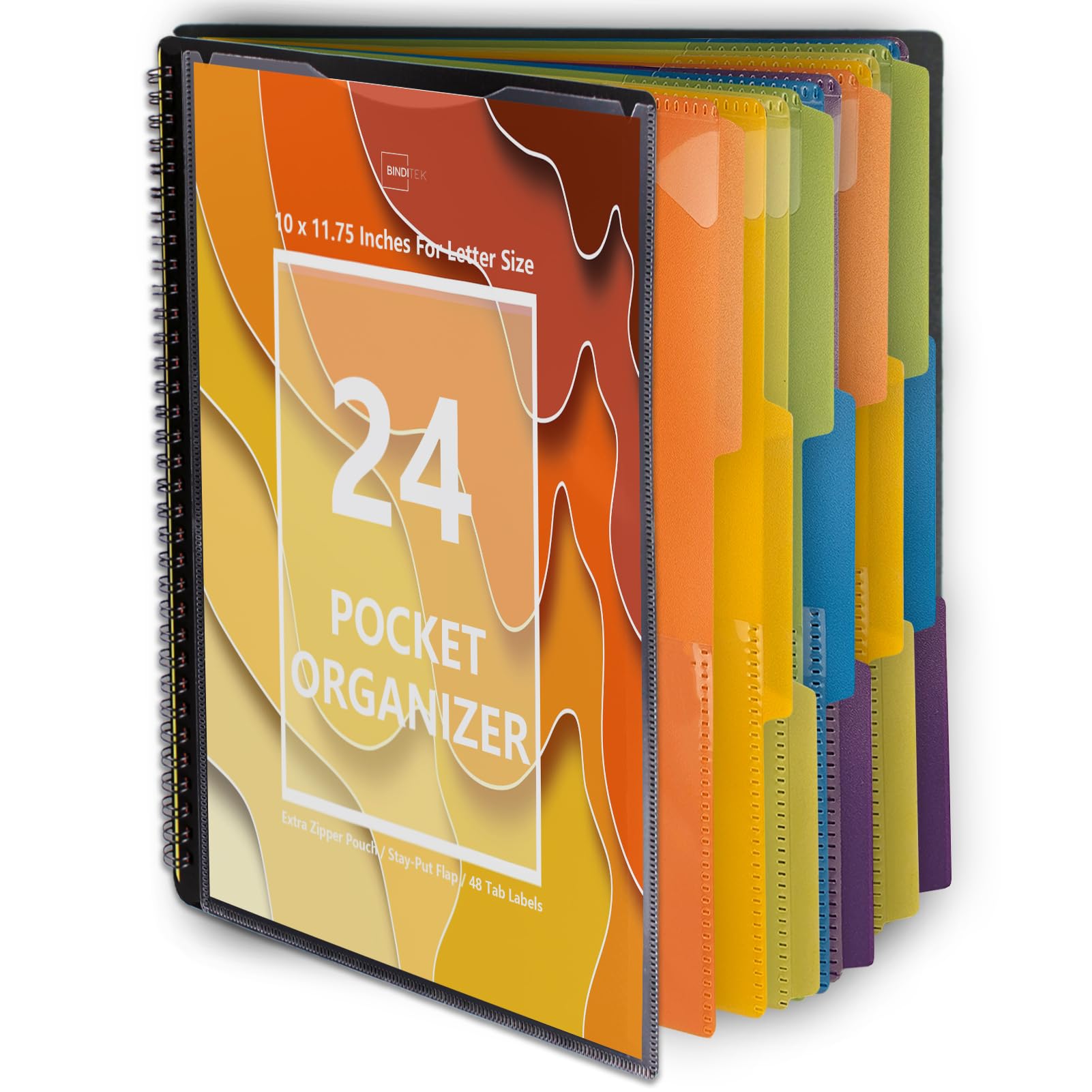 Binditek 1 Pack 24 Pocket Poly Project Organizer with 12 Dividers, Heavyduty Folder with Customizable Front Cover, Metal Wire Binding Spine, Extra Zipper Pouch, Letter Size, Office Supplies