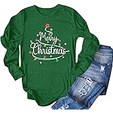 FASHGL Christmas Shirt Women Merry and Bright Pullover Christmas Lights Graphic T Shirts Xmas Long Sleeves Tops