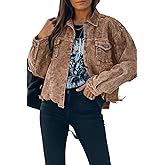 LCRRRN Womens Cropped Corduroy Jacket Casual Button Down Shacket Coat Fringe with Frayed Hem