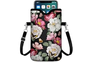 IRADA Neoprene Cell Phone Sleeve Pouch Case Bag with Crossbody Strap Neck Lanyard for Women Men 7.6 X 4.3 Inches-Black Floral Shockproof Universal Phone Bag