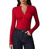 QINSEN Button Down Shirts for Women V Neck Long Sleeve Ribbed Knit Slim Fit Basic Tee Tops