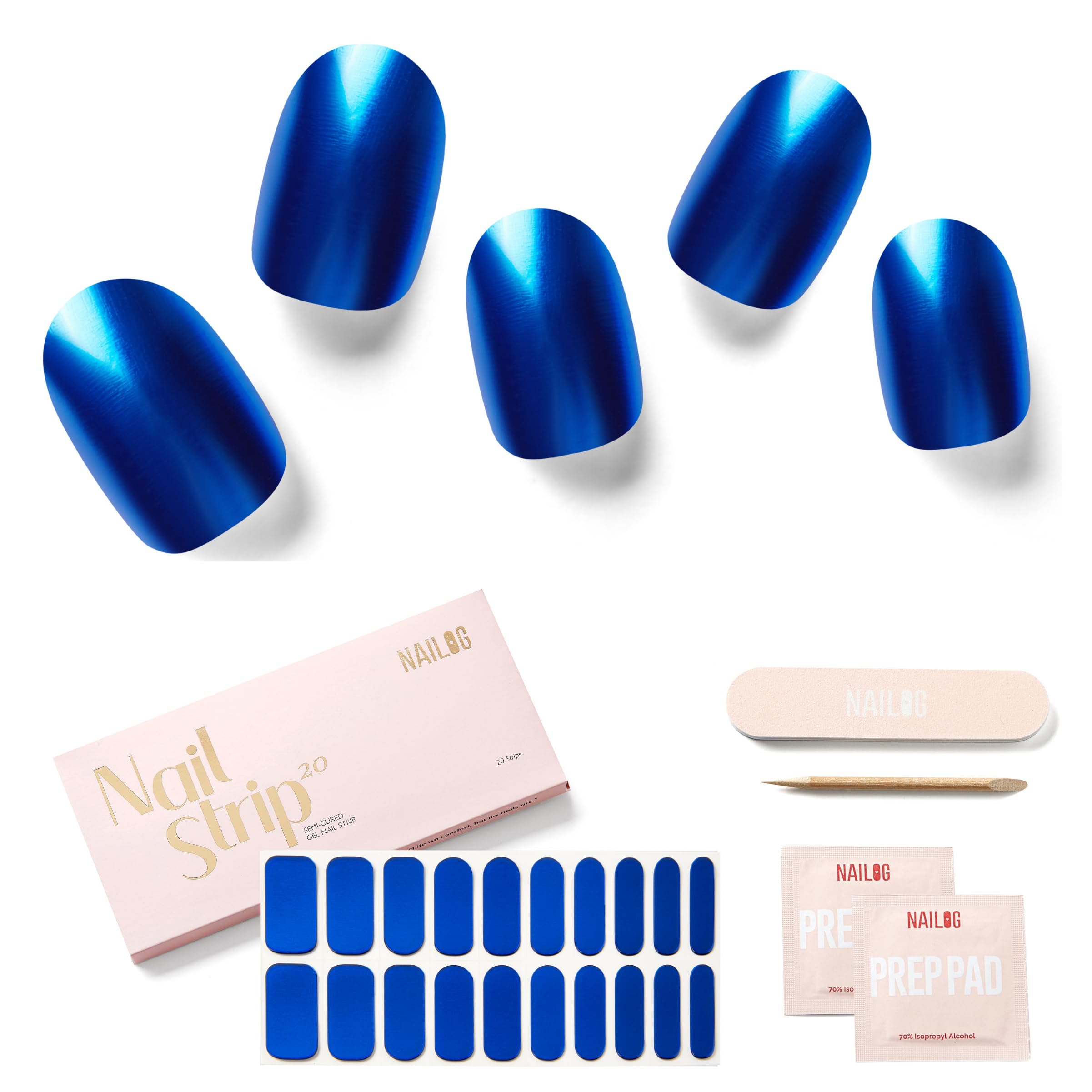NAILOG Semi Cured Gel Nail Strips (20 Extra Long Stickers) | Glossy & Long Lasting Soft Gel Finish Wrap| Sapphire Blue — image 1