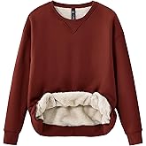 MoFiz Women's Fleece Lined Crewneck Sweatshirts Sherpa Lined Pullover Winter Warm Long Sleeve Casual Tops with Pockets