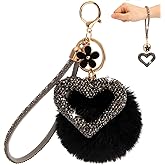 HONYJOOM Cute Heart Keychains for Women, Bling Key chain Accessories Girly Wristlet Keychain for Car Keys, Backpack pom pom