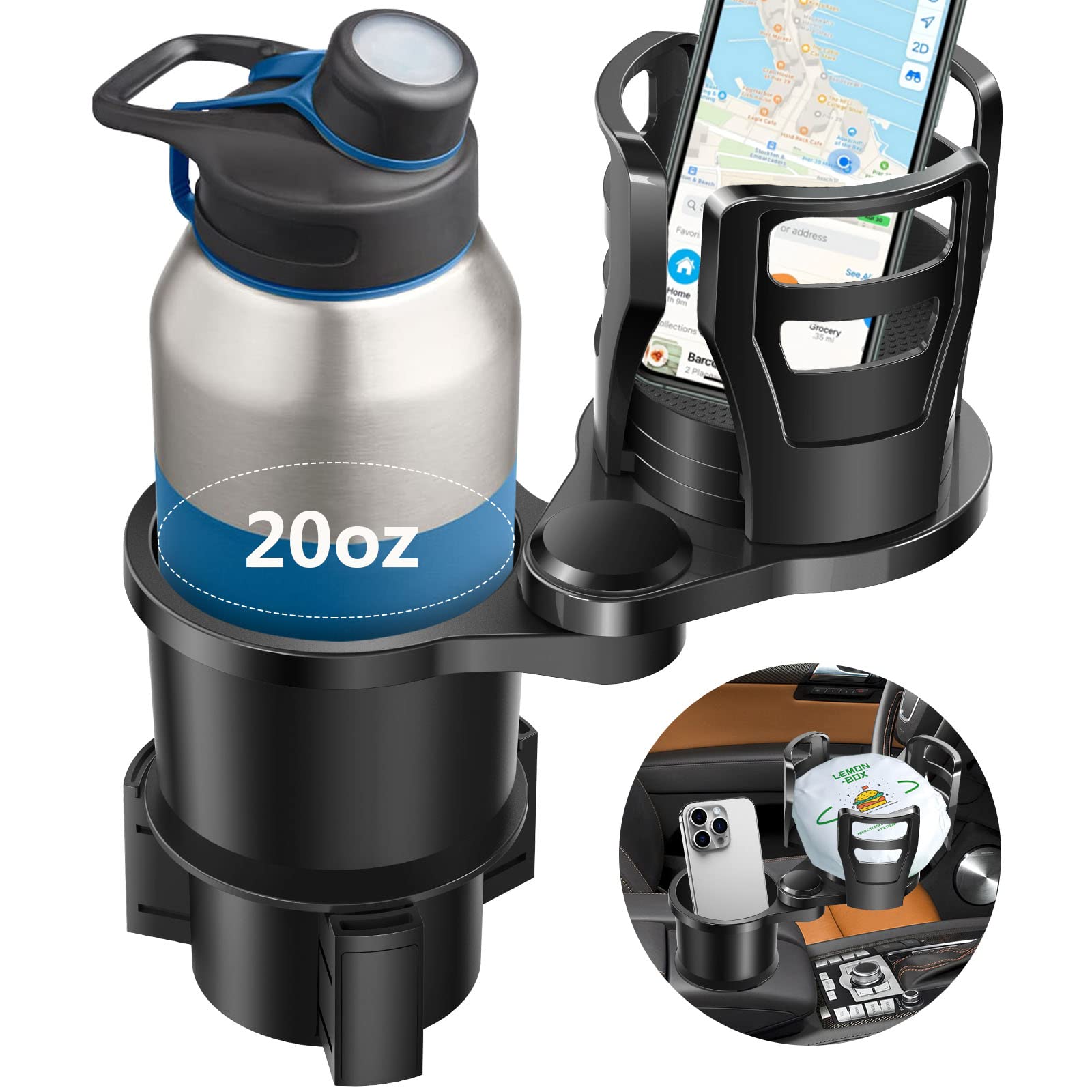 Photo 1 of Dual Cup Holder Expander for Car, 2 in 1 Multifunctional Car Cup Holder Extender with Adjustable Base All Purpose for Drinks Bottles Under 20 Oz Snacks fit with Most Cars