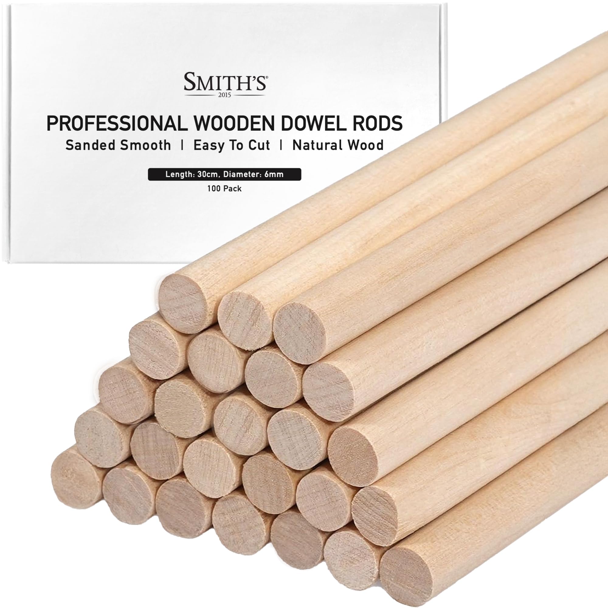 Wooden Dowel Rods by Smith’s® (100 Pack / 30cm x 6mm) | Unfinished, Natural, Organic Wood Sticks | FSC Approved | Perfect for Craft Projects, DIY, Art Works, Woodcraft, & More!