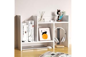 FNBAR Desktop Organizer Shelf, Adjustable Wooden Double-Tier H-Shape Mini Bookcase, Multi-Use Office Storage Rack for Desk Top/Corner, Table Top Shelving & Office Organization Accessories (White)