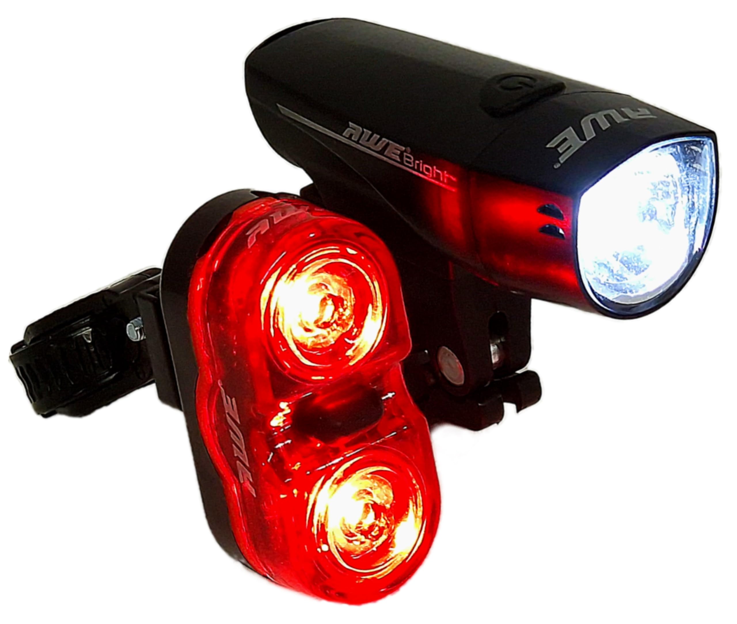 AWE® AWEBright™ 140 Lumens Bike Light Set, Super Bright Front LED & 2 0.5W Rear LED's, 111 Hours Running Time* Visibility 1km+ IPX4 Waterproof *SEE 360 VIDEO