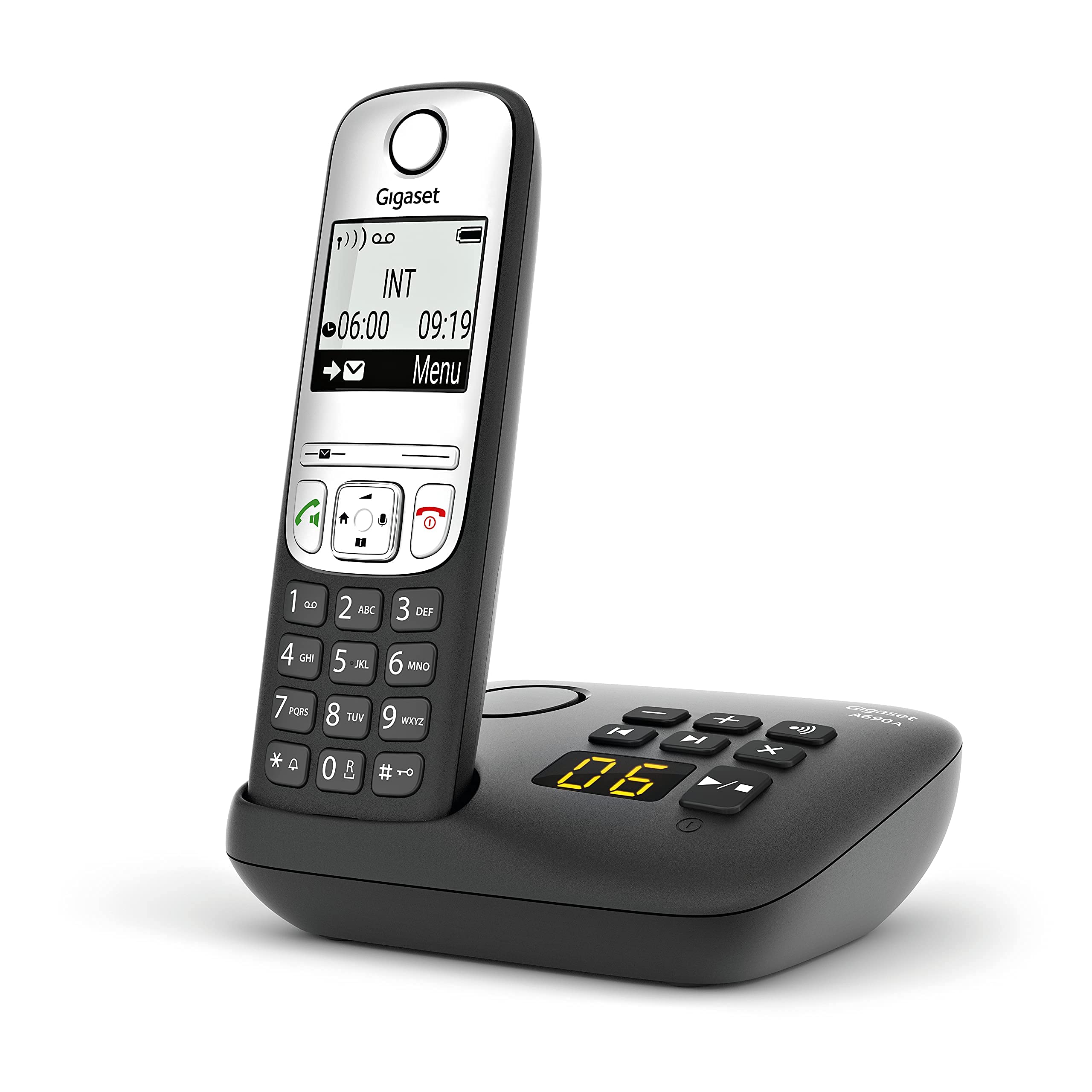 Gigaset A690A Easy to use Cordless DECT Home Telephone with Answering Machine, Speakerphone,Nuisance call block, home office. Single Handset, Silver/Black (Single)