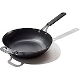 OXO Obsidian Pre-Seasoned Carbon Steel, 12" Wok Pan with Removable Silicone Handle Holder, Induction, Oven Safe, Black