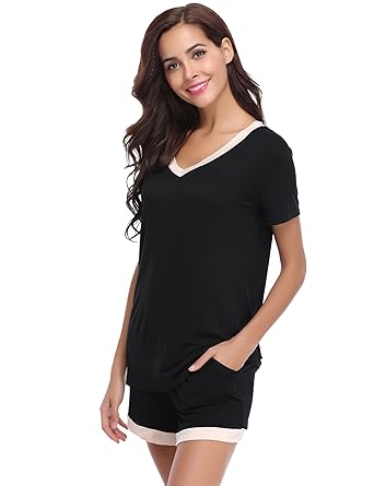 Aiboria Damen Schlafanzug Pyjama V-Ausschnitt Baumwolle Zweiteiliger Kurz Freizeithosen Jerseyhose Schlafanzughose Set Pant