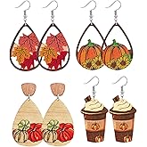 4 Pairs Fall Thanksgiving Drop Dangle Earrings for Women Lightweight Autumn Wooden Teardrop Earrings Cute Colorful Pumpkin Maple Leaf Sunflower Turkey Earrings