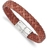 Stainless Steel Polished Woven Brown Leather Bracelet
