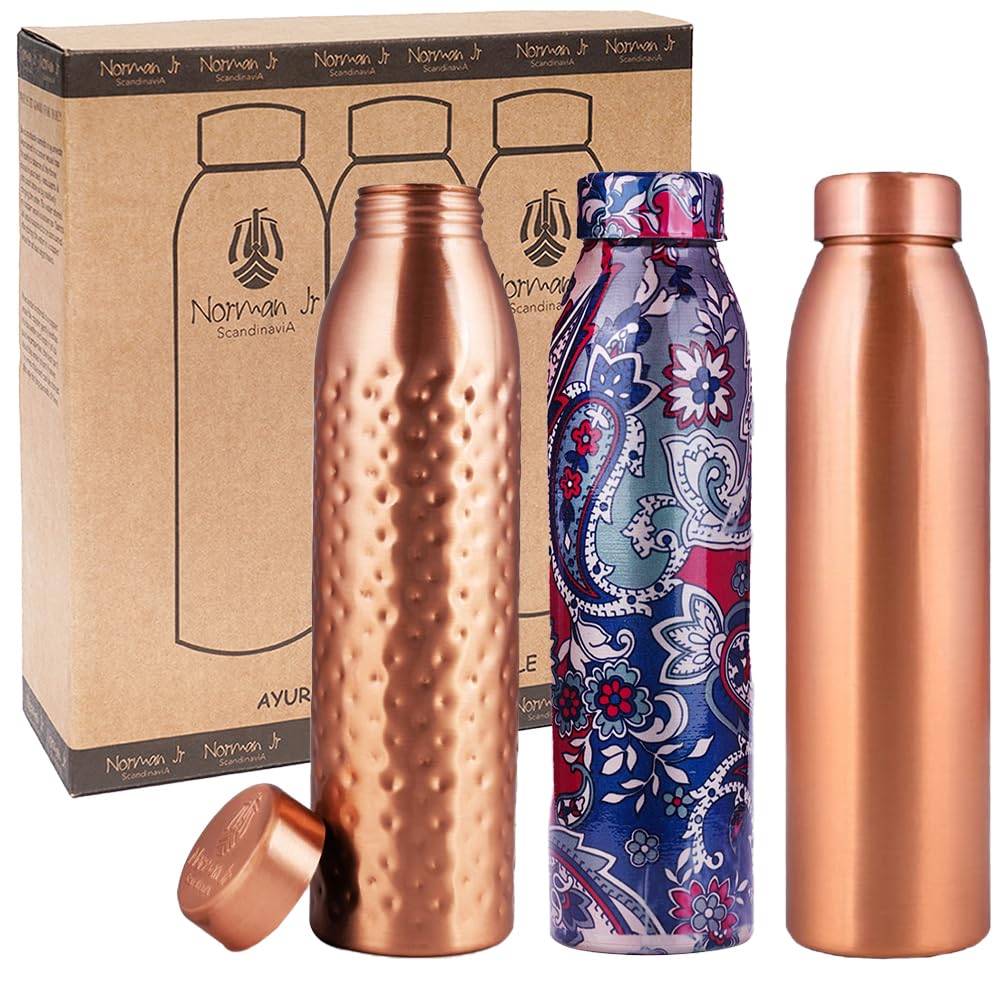 Photo 1 of NORMAN JR, Hammered-1 Plain-1 Blue Printed-1, Copper Water Bottle 1 LTR Extra Large-an Ayurvedic Pure Premium Copper Vessel, Lower Your Sugar Intake and Enjoy The Health Benefits - Gift Pack of 3