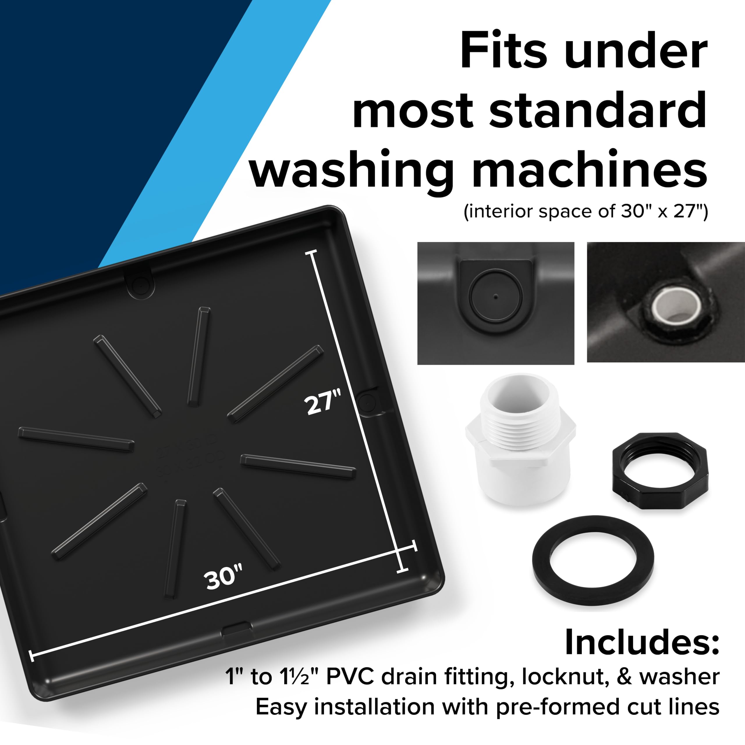 Camco Washing Machine Drain Pan - Features a Durable Plastic Construction, 1-inch/1.5-inch PVC Drain Fitting, and Measures 30-inches (L) x 32-inches (W) x 2 ½-inches (H) (OD) (20750)