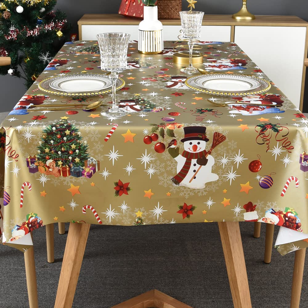 Plenmor Christmas Table Cloth Wipe Clean Christmas Tablecloth Xmas Gold PVC Plastic Wipeable Waterproof Rectangular Table Cover Decoration for Festive New Year Kitchen Picnic (137 x 185 cm) — image 1