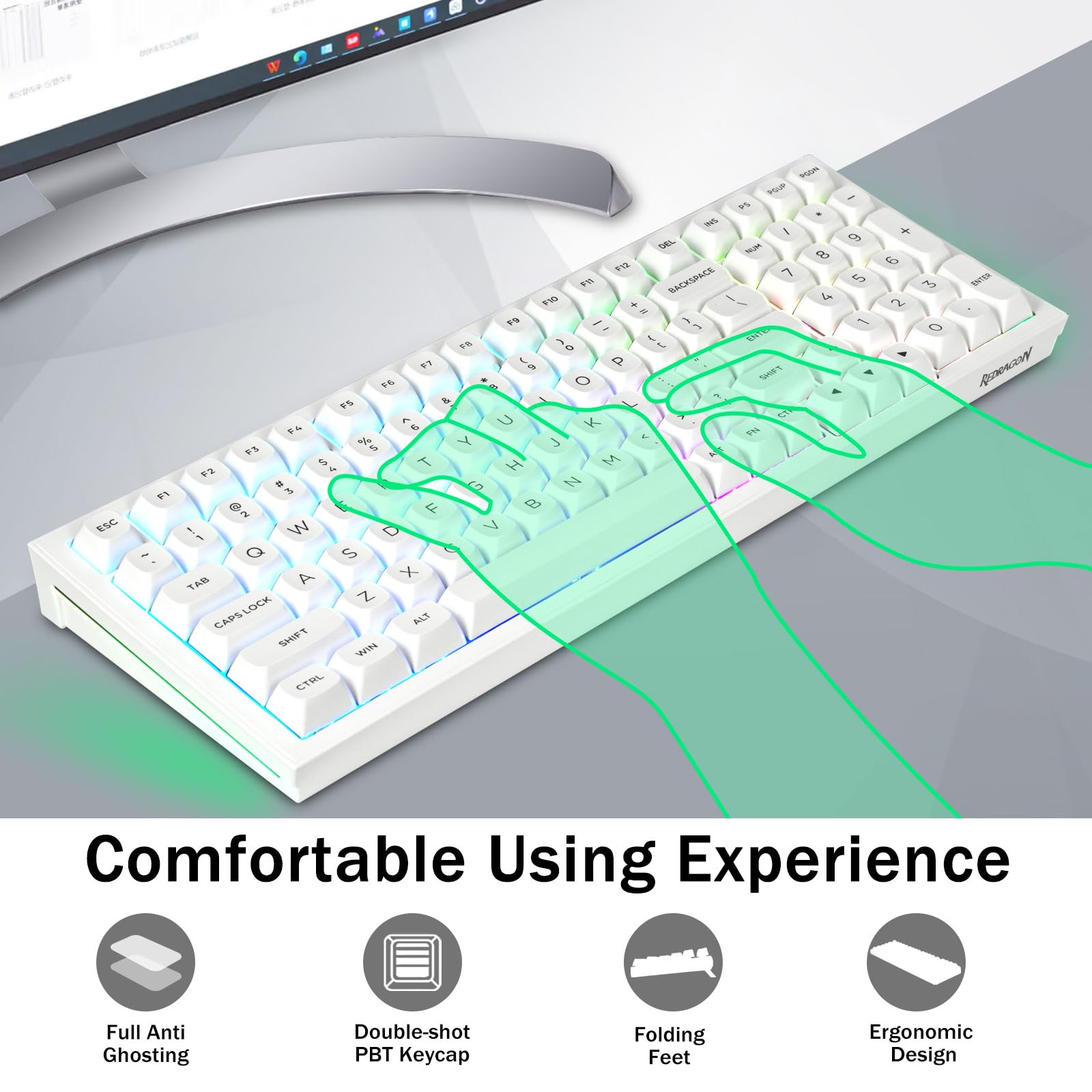 Redragon K723 Wireless Mechanical Gaming Keyboard Creamy, Hot Swappable Pre-lubed Linear Switches, Gasket Structure, Tri-Mode BT5.0/2.4GHz/USB-C, RGB Backlit, Custom for PC/Mac/PS/Xbox, White