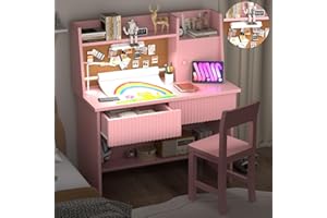 RUPOLX Pink Wooden Kids Fluted Desk and Chair Set,Kids Study Desk with 3-Color Lights,Kid Study Table with Paper Roll Dispens