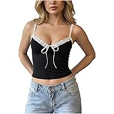 winkbay Women's Y2k Lace Trim Cami Summer Tie Front Deep V Neck Sleeveless Camisole Top Going Out Tops
