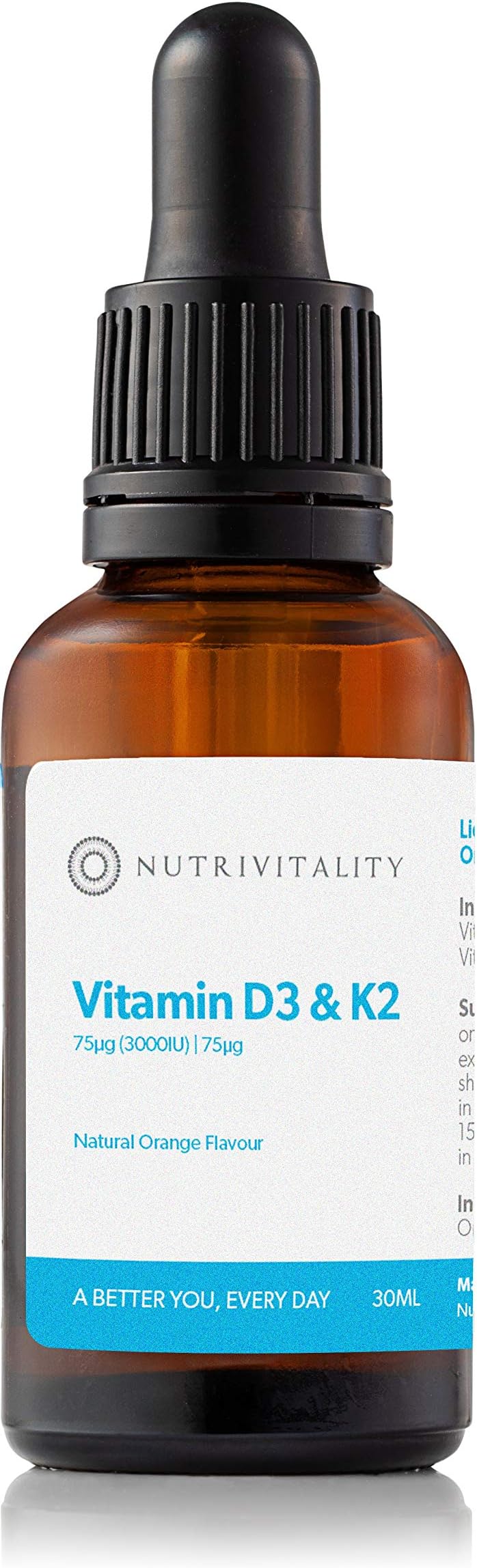 Nutrivitality Liquid Vitamin D3 & K2 Dropper l Vitamin Supplement for Bone Health, Immune Support and Muscle Function l 3000IU Vitamin D3 & K2 l 12ml (70 Servings) l Orange Flavour