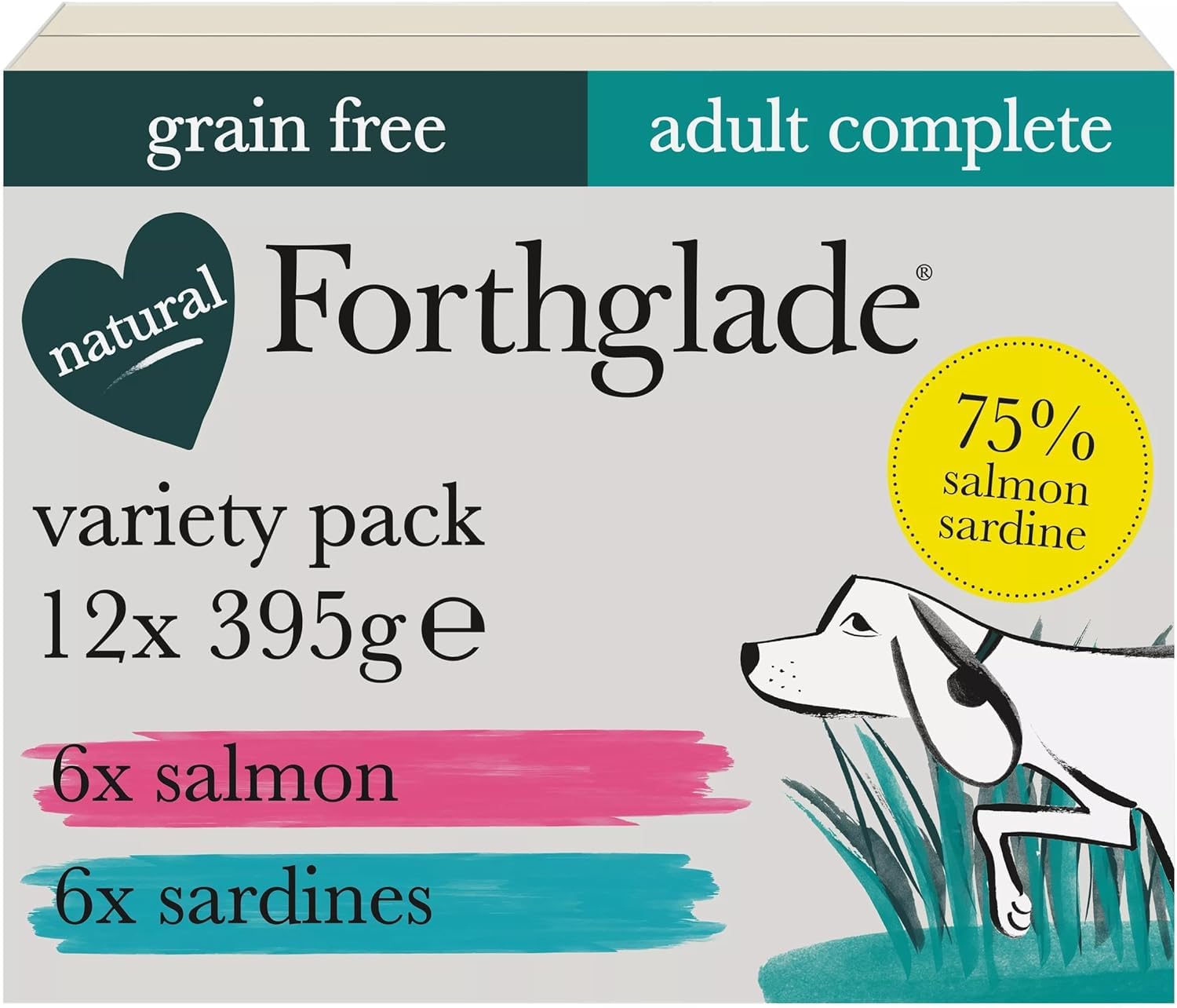 Forthglade Wet Dog Food Variety Pack (12 x 395g Trays) - Grain Free & Hypoallergenic Dog Food, Adult 1 Year+, Salmon & Sardines with Vegetables, Complete Stomach Sensitive Meals, Natural Ingredients