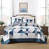 camandy Cotton Quilt Bedding Sets 3 Pieces Soft Reversible Coverlets Luxury Star Real Patchwork Bedspread, Blue White, Queen Size