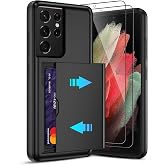 Pilaru for Samsung Galaxy S21 Ultra Case with Card Holder and (2 Pcs) HD Screen Protector, Slim Heavy Duty Dual Layer Shockproof Design &amp; Hidden Card Slot Wallet Case for S21 Ultra-Black
