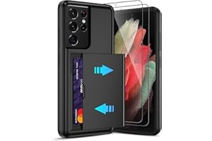 PILARU for Samsung Galaxy S21 Ultra Case with Card Holder and (2 Pcs) HD Screen Protector, Slim Heavy Duty Dual Layer Shockproof Design & Hidden Card Slot Wallet Case for S21 Ultra-Black