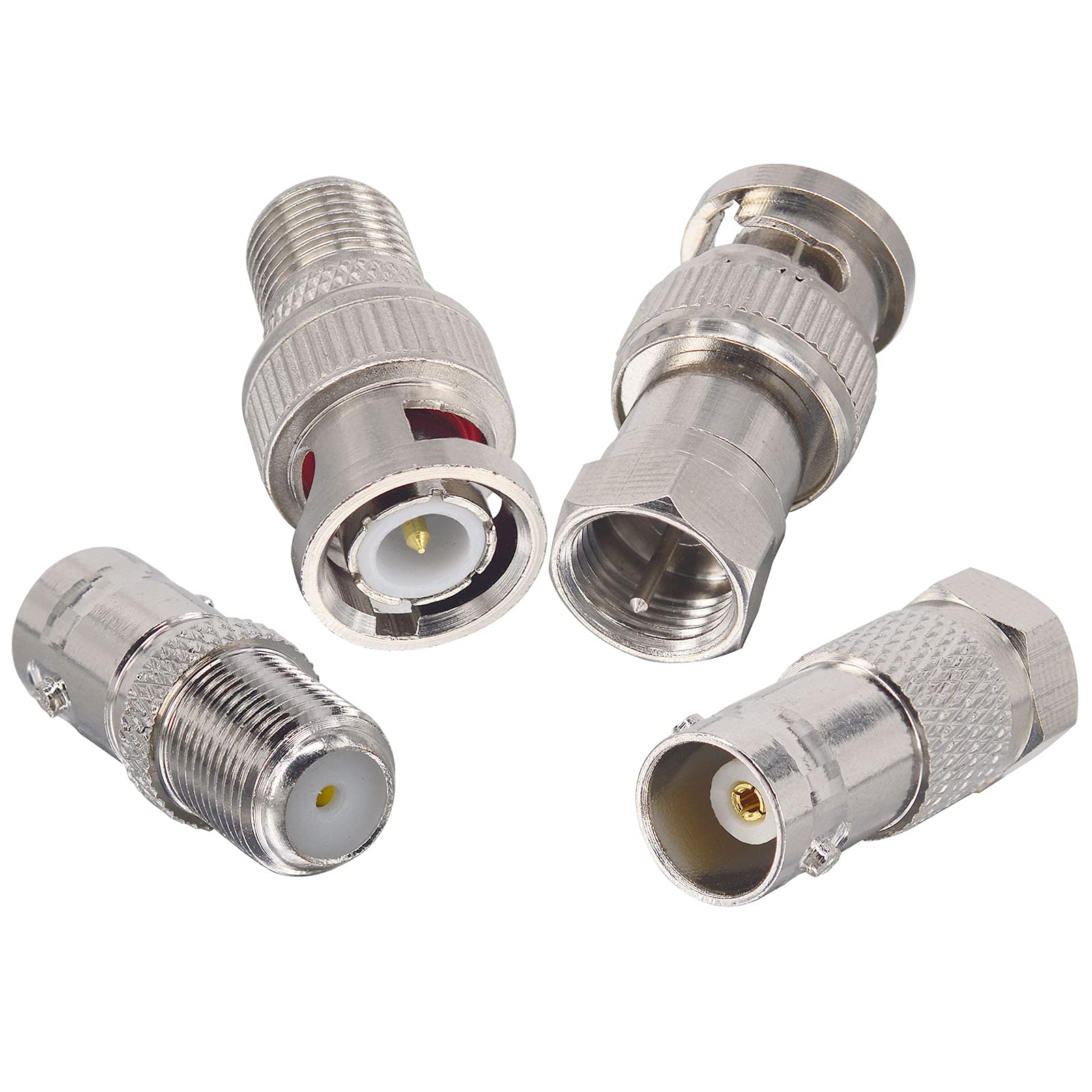 Boobrie 4PCS F Type to BNC Connector Kit - BNC Male/Female to F Male/Female Adapter Set - 50 Ohm Nickel-Plated Coaxial RF Adapter for CCTV, WiFi, Satellite, TV, Scanner & More