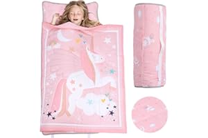 Poemuphi Toddler Nap Mat - Magical Unicorn Design with Removable Pillow and Soft Blanket, Slumber Bag for Girls' Daycare, Preschool, Travel, and Camping （53"x21",1 Pack）